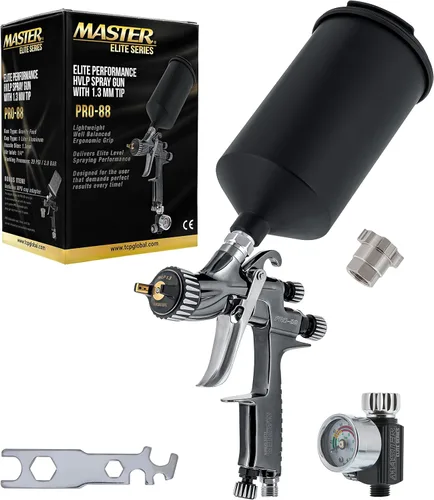 Master Elite Performance PRO-88 HVLP Pistola de pintura en aerosol automotriz con punta de 0.051 in, taza de 1 litro, calibre regulador, adaptador