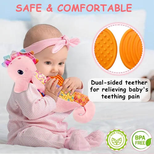 Miniatura 4 de Fuzqq Juguetes para bebé niña de 0 a 6 meses, animal de peluche musical con sonajero, juguete suave para recién nacida de 0 3 6 9 12 meses para Rosa