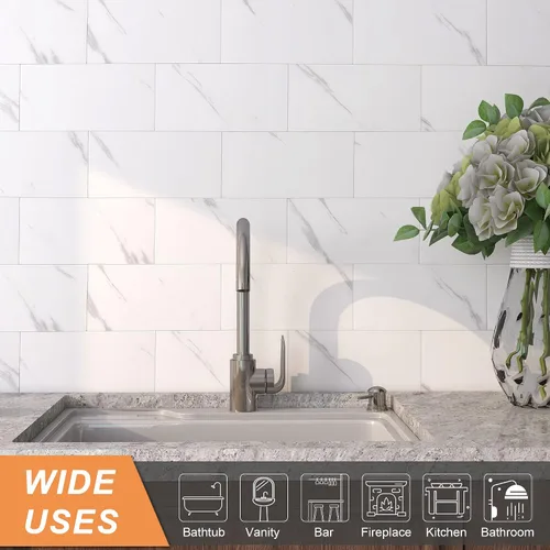 Miniatura 3 de VAOVI Azulejos de mármol de metro para despegar y pegar, azulejos individuales de pared de cocina, baño, ducha, 3.93 x 7.87 pulgadas