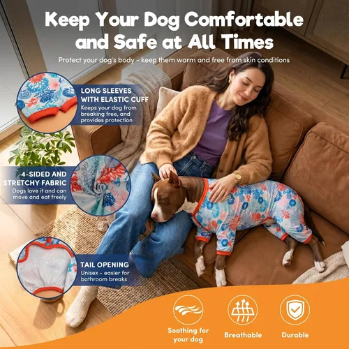 Miniatura 5 de LovinPet Conjunto de pijama, camiseta interior para abrigos de perro, tela suave y ligera, estampado de árboles de coral y conchas, camisa de Azul