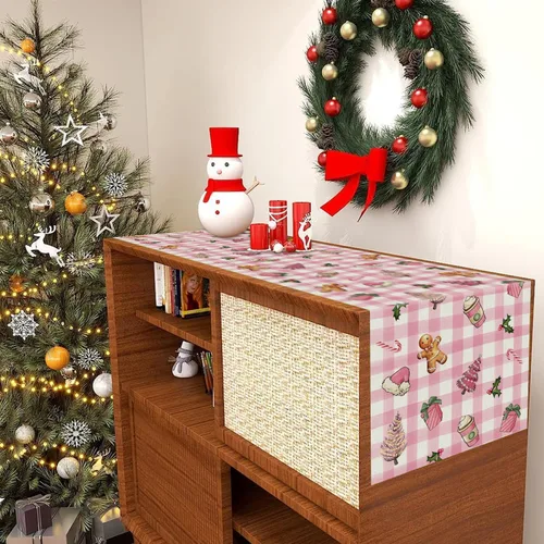 Miniatura 5 de Camino de mesa de Navidad a cuadros rosa con árbol de jengibre y caramelo de Navidad, 13 x 72 pulgadas, decoración de mesa de Navidad de invierno