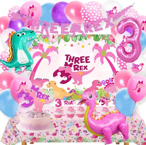Miniatura 4 de Dino Rex - Decoraciones para fiesta de cumpleaños de tres niñas, suministros de dinosaurio rosa