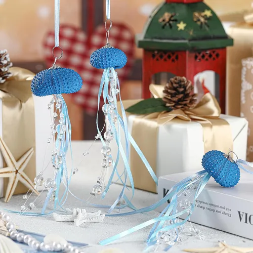 Miniatura 6 de Namalu 6 piezas de adorno de Navidad de erizo de mar y medusa con cuentas costeras, decoración festiva de playa con temática de océano, adorno Azul