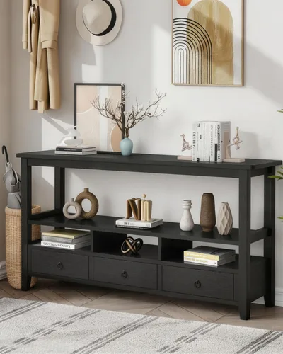Miniatura 9 de Karl home Mesa consola con 3 cajones, escritorio de entrada de 58 pulgadas de ancho, mesa auxiliar con 6 estantes inferiores de almacenamiento, Negro