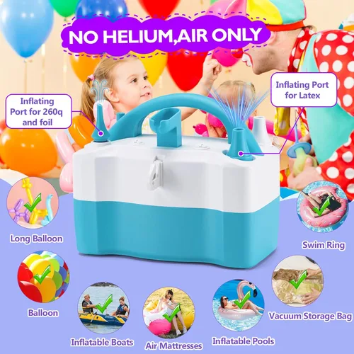 Miniatura 2 de AGPTEK Electric Air Balloon Pump, 110V 600W Rose Red Portable Dual Nozzle Inflator/Blower for Party Decoration E-azul y blanco-3 en 1