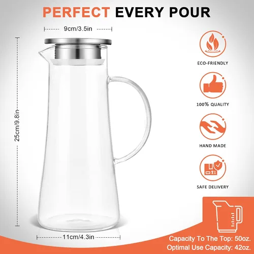Miniatura 4 de SUSTEAS Jarra de Vidrio de 1.5 Litros 51oz con Tapa, Fácil de Limpiar, Jarra de Agua de Vidrio Resistente al Calor con Asa para Bebidas