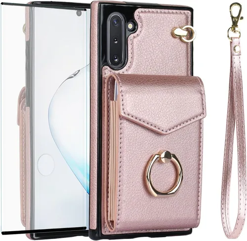 Miniatura 8 de Asuwish Funda de teléfono para Samsung Galaxy Note 10 5G con protector de pantalla de vidrio templado y anillo de bloqueo RFID, tarjetero de cuero