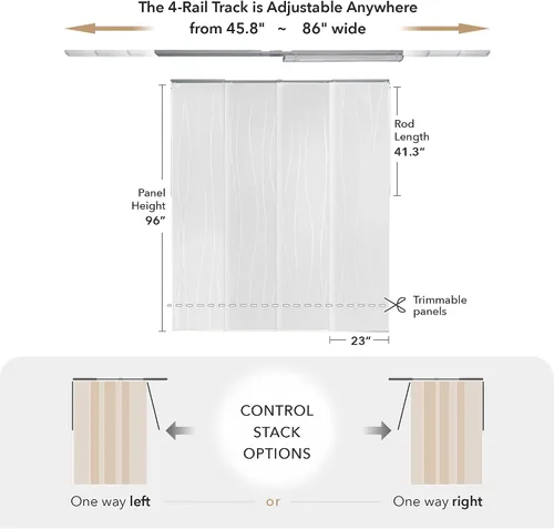 Miniatura 5 de GoDear Design Persianas de panel deslizante ajustable, persianas verticales blancas, pista extensible de 45.8 a 86 pulgadas de ancho, cortinas