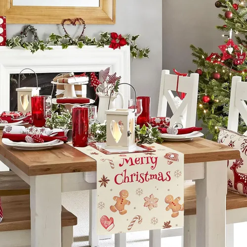 Miniatura 3 de Bonhause Camino de mesa de pan de jengibre de Navidad de 13 x 72 pulgadas, galletas de Navidad, decoración de mesa de comedor para interiores