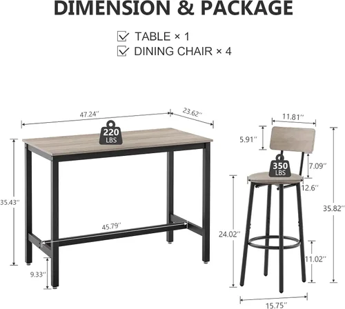Miniatura 3 de Moderno juego de mesa y silla de bar para 4 mesas y taburetes de altura de mostrador con respaldo, mesa de comedor rectangular, juego de 5