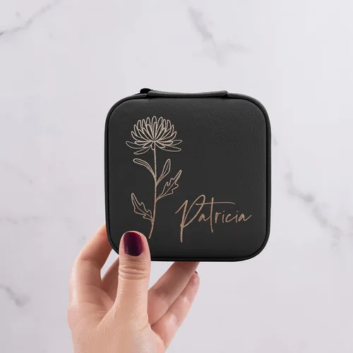 Miniatura 2 de Joyero de cuero personalizado con nombre y mes de la flor de nacimiento, regalos de cumpleaños para mujeres, estuche de viaje de joyería Negro