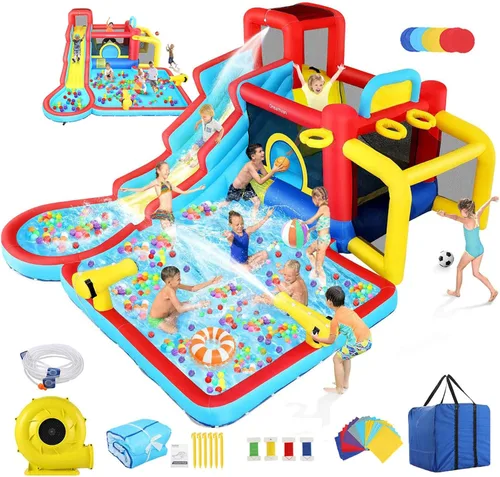 Miniatura 12 de AKEYDIY Casa de rebote de tobogán acuático, 13 × 12.5 pies, tobogán acuático inflable para niños grandes de 8 a 12 y 3 a 10 años, toboganes
