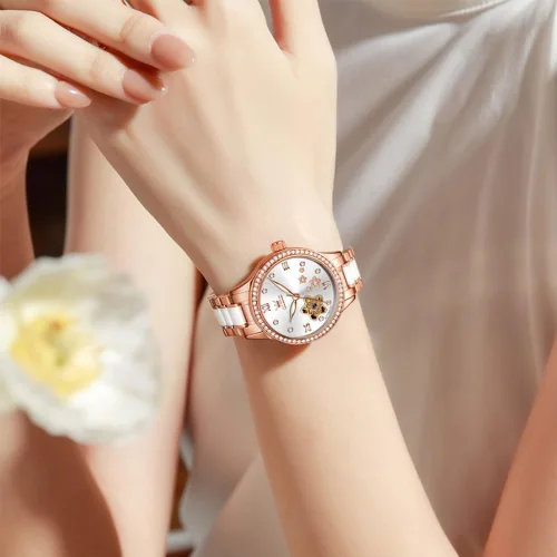 Miniatura 2 de OLEVS Relojes para mujer, reloj automático de lujo, correa de cerámica, oro rosa, reloj de pulsera para mujer