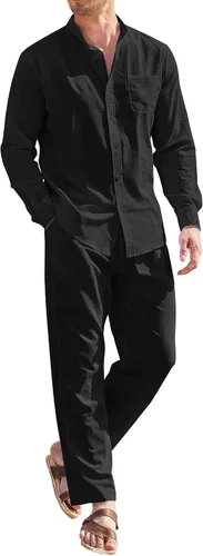 COOFANDY Conjuntos de lino para hombre, 2 piezas, camisa de manga larga con botones y pantalones casuales de playa con cordón en la cintura, trajes