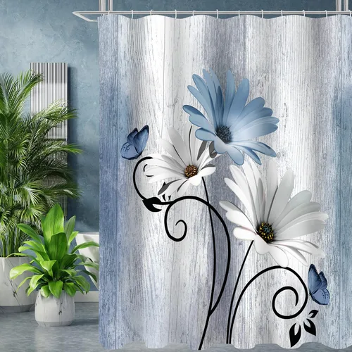 Miniatura 5 de Onalasyc Juego de 4 Piezas de Cortinas de Ducha con Flores de Margaritas Azules y Plantas, Cortina de Ducha y Alfombra y Accesorios, Juego