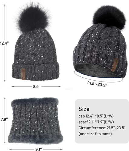 Miniatura 4 de IYEBRAO - Conjunto de gorro y bufanda de punto de invierno para mujer, lindo gorro de esquí con forro polar grueso, gorro de esquí cálido con pompón