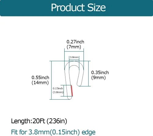 Miniatura 2 de Borde de goma transparente, tira de sello de goma de canal en U con cinta autoadhesiva, protector de borde de metal apto para 0.15 pulgadas, 20 pies