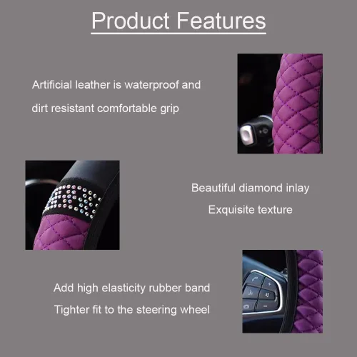 Funda de cuero de microfibra para volante con forro antideslizante, accesorio universal para volante con un diámetro de 14.5-15 pulgadas (morado)