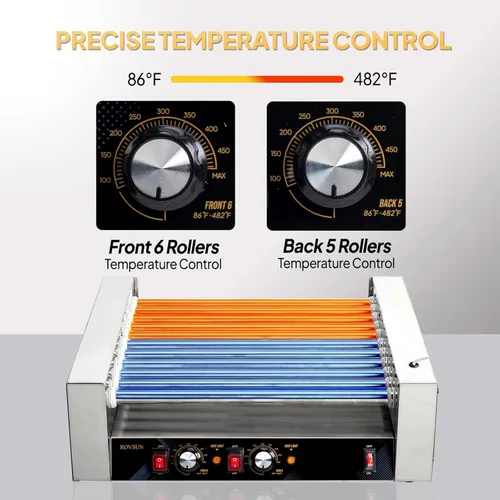 Miniatura 3 de ROVSUN Hot Dog Roller con 11 asadores para 30 hot dogs, máquina de cocción eléctrica de asador con cubierta, control de temperatura dual