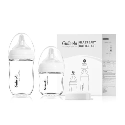 Miniatura 10 de Gulicola Juego de 4 Biberones de Vidrio Natural para Bebé, Biberones de Lactancia Materna para Recién Nacido Niño con Pezones de Flujo Lento, 0