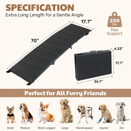 Miniatura 2 de Rampa extra larga de 71 pulgadas para perros grandes, marco de metal resistente para vehículos utilitarios deportivos, camiones y automóviles