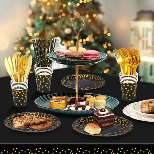 Miniatura 5 de Sylken Juego de vajilla de fiesta de 186 piezas en negro y dorado - 25 invitados, platos de papel, servilletas, vasos de papel y vajilla