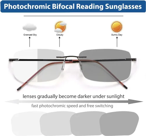 Miniatura 4 de Gafas de lectura fotocrómicas bifocales sin montura para hombres lectores de computadora Gafas de sol de transición de luz anti-azul con lectores