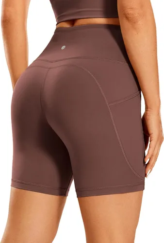 CRZ YOGA Women's Brushed Naked Feeling Biker Shorts with Side Pockets 6'' - High Waist Matte Workout Yoga Gym Spandex