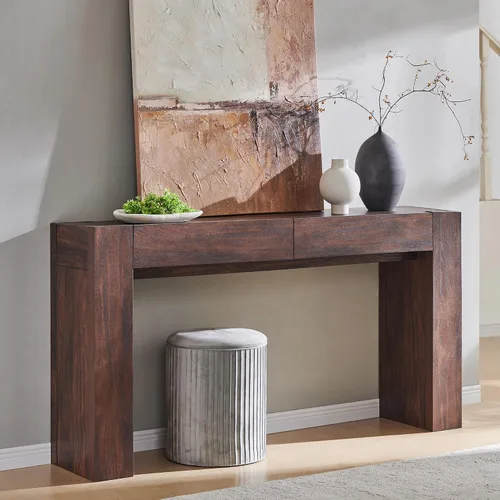 Miniatura 5 de OKD Moderna mesa consola de entrada, mesa de sofá con cajones, mesa de pasillo de 63 pulgadas de largo detrás del sofá, diseño de madera gruesa