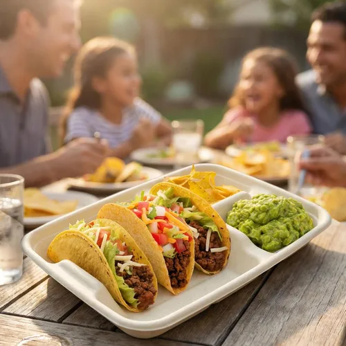 Miniatura 8 de Platos de taco de 3 y 2 lados, platos de papel desechables con divisores - Paquete de 25 Bandeja de tacos para fiesta, soporte de tacos