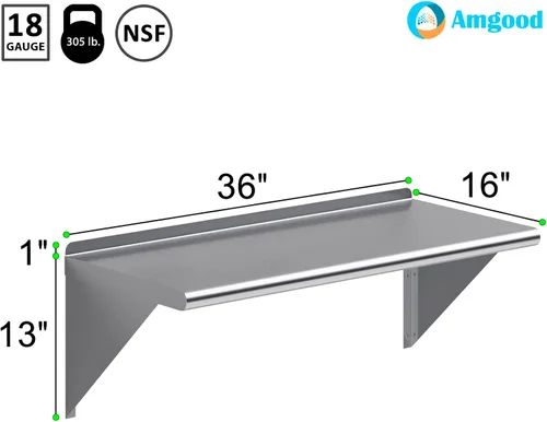 Miniatura 3 de AmGood Estante de pared de acero inoxidable de 36 pulgadas de largo x 16 pulgadas de profundidad Certificado NSF Estantería de metal