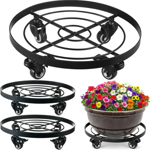 Miniatura 10 de Paquete de 3 posavasos de metal para plantas de 10.6 pulgadas, con ruedas, soporte rodante resistente para plantas con ruedas para interiores y Negro