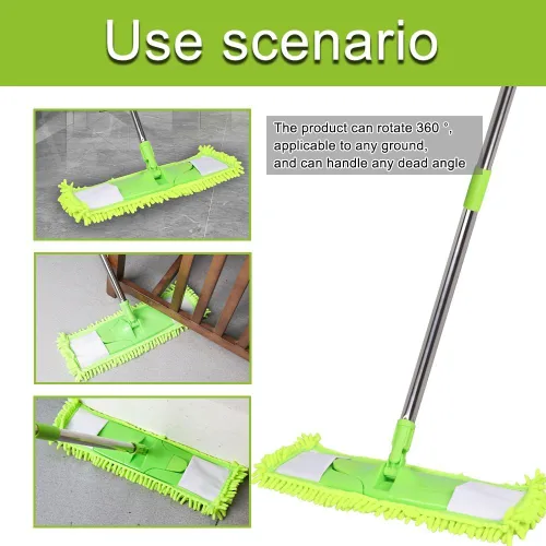 Miniatura 6 de Trapeador antipolvo para limpieza de suelos con 2 almohadillas de felpilla lavables y mango largo extensible, trapeador plano seco y húmedo con Verde