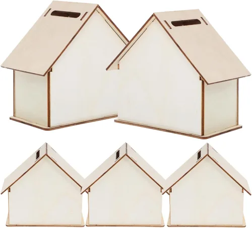 Kisangel 5 alcancías de madera sin terminar, caja de ahorro de casa pintable con tapón de goma inferior, juguetes educativos de manualidades de