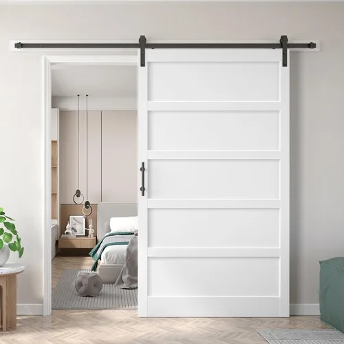 Miniatura 26 de Fredbeck Puerta de granero blanca de 30 x 84 pulgadas con kit de herrajes para puerta corredera de 5.5 pies incluido y asa, sólida, MDF, superficie