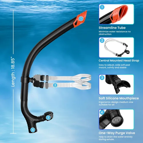 Miniatura 5 de Snorkel de nadador para natación regazo, equipo de esnórquel para adultos, entrenamiento de natación, boquilla de silicona de montaje central
