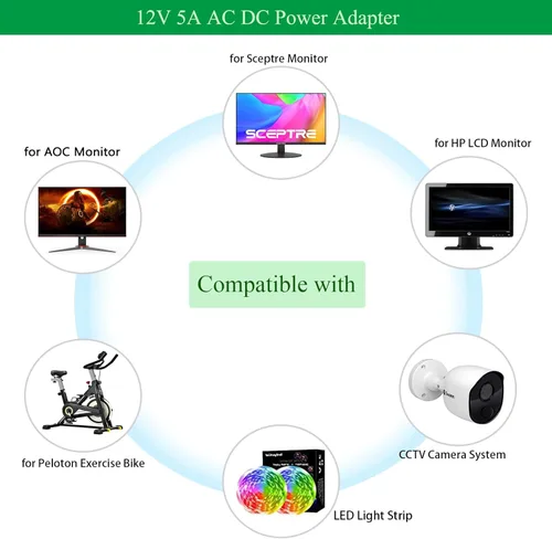 Miniatura 3 de Adaptador de corriente alterna para monitor de 12 V 5 A, cable de carga de 100 a 240 V CA a 12 V CC, 60 W, adecuado para tiras de luz LED Sceptre