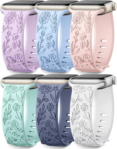 SNBLK Paquete de 6 correas florales grabadas compatibles con Apple Watch de 40mm 41mm 42mm 38mm 44mm 45mm 46mm 49mm, mujeres y hombres, correa de