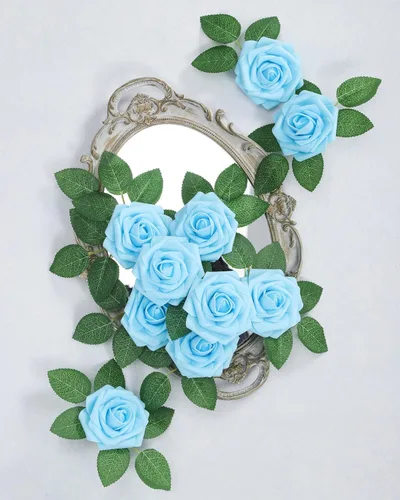 Miniatura 3 de DuHouse 25 rosas artificiales, rosas falsas con tallos, flores de espuma de tacto real para bricolaje, ramo de boda, centro de mesa, arreglo floral