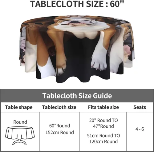 Miniatura 4 de Mantel redondo de 60 pulgadas impermeable con estampado de bulldogs ingleses, mantel circular para cocina, comedor, arrugas, mantel redondo