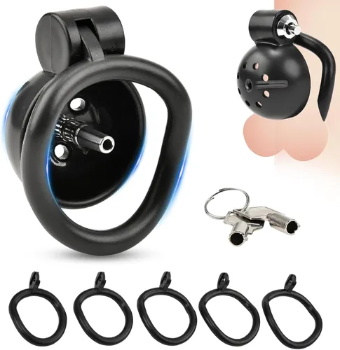 Miniatura 10 de Jaula de castidad masculina con cierre a presión con 5 anillos y dilatador uretral de metal, jaula plana de castidad, catéter uretral, dispositivos
