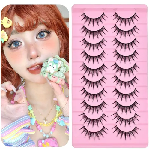 Miniatura 15 de 10 pares de pestañas postizas manga de aspecto natural, racimos ondulados, estilo puntiagudo de 0.630 pulgadas, pestañas japonesas de anime cosplay