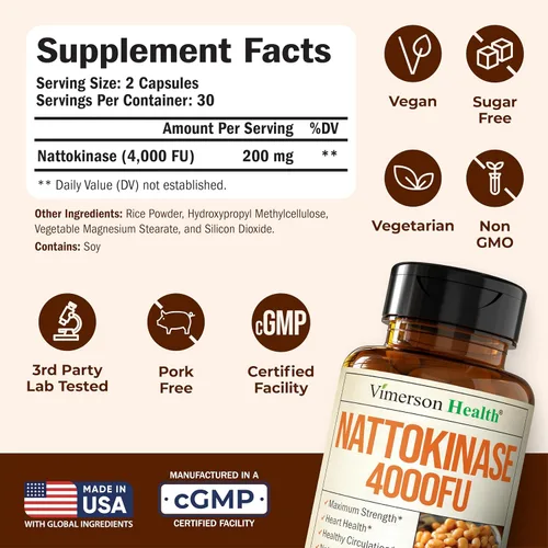 Miniatura 3 de Suplemento de nattoquinasa - Suplementos de salud cardíaca con nattoquinasa 4000 FU - Suplementos de circulación de máxima fuerza - Enzimas