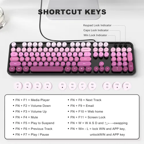 Miniatura 6 de MOFII Teclado con cable, teclado retro de tamaño completo, llave redonda, USB con cable Plug and Play, para laptop, PC, escritorio, ventanas