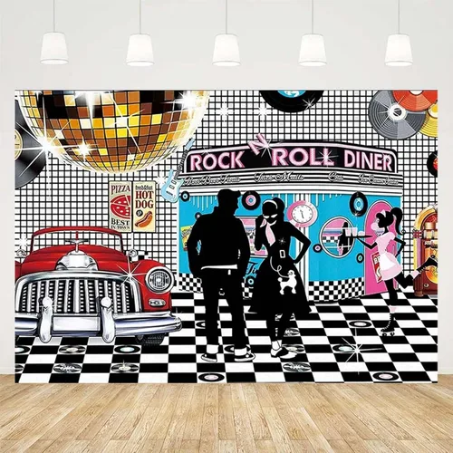 Miniatura 3 de Telón de fondo de fotos de estilo retro disco – Rollo de rock de los años 50, baile de graduación, cumpleaños, comedor, decoración de fiesta, cartel