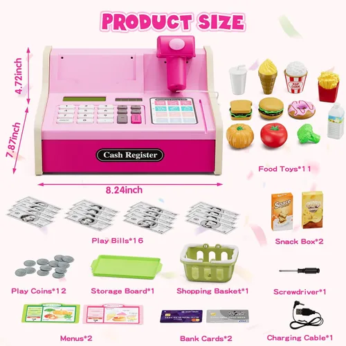 Miniatura 6 de Wee Wonders Caja registradora de madera para niños con calculadora real, juguete recargable de caja registradora con escáner/dinero