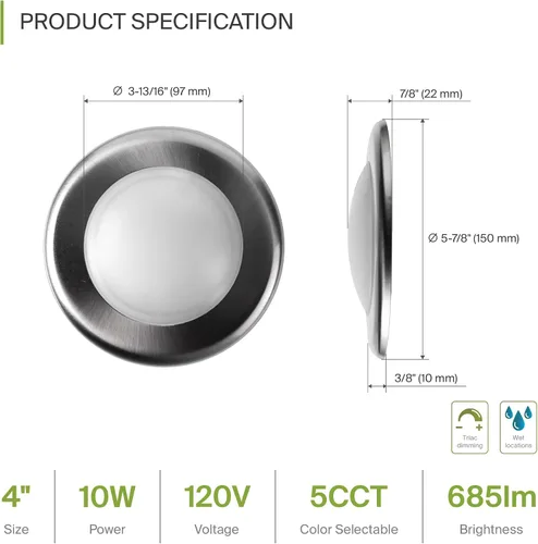 Miniatura 2 de ASD Paquete de 6 luces LED de disco de 4 pulgadas, 10 W 5CCT 2700K-5000K 685LM CRI90+, lámpara de techo regulable, disco de montaje en superficie