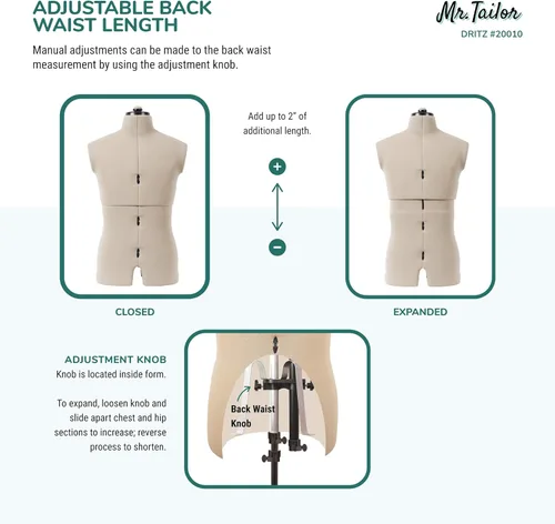Miniatura 7 de Dritz Mr. Tailor - Forma de vestido ajustable para hombre, talla M a XL, maniquí de ropa masculina para costura, ajuste y drapeado, maniquí