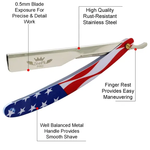Miniatura 2 de Maquinilla de afeitar de borde recto, calidad de peluquería (bandera estadounidense) para hombre con corte de barba + 10 cuchillas de afeitar Zeepk