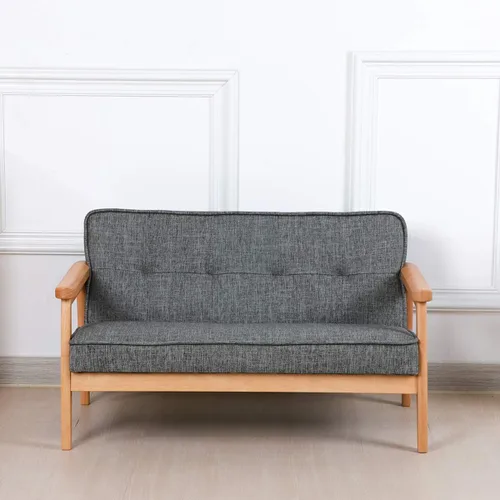 Miniatura 6 de Sofá de doble plaza para niños, sofá para niños con brazo de madera maciza y patrón de lino de PVC para el descanso de los niños (gris oscuro)